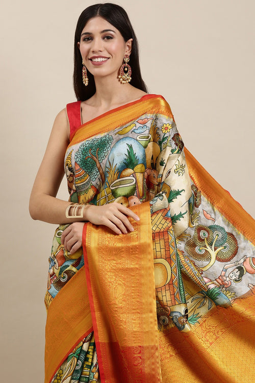 Load image into Gallery viewer, Staring Beige Kalamkari Printed Saree With Stylish Blouse Piece
