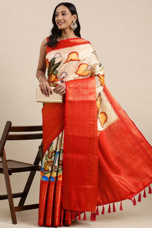 Load image into Gallery viewer, Pretty Beige Kalamkari Printed Saree With Amazing Blouse Piece
