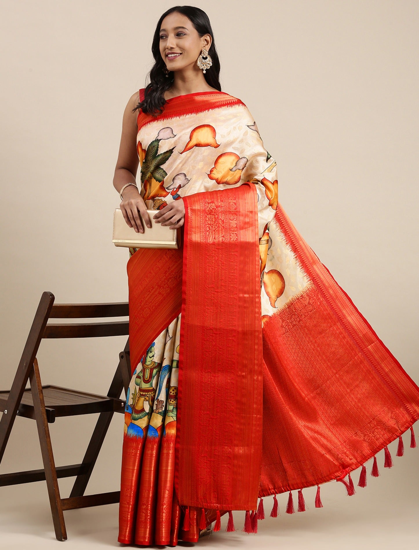 Pretty Beige Kalamkari Printed Saree With Amazing Blouse Piece