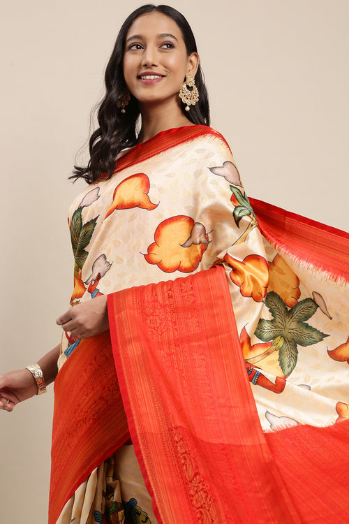 Load image into Gallery viewer, Pretty Beige Kalamkari Printed Saree With Amazing Blouse Piece
