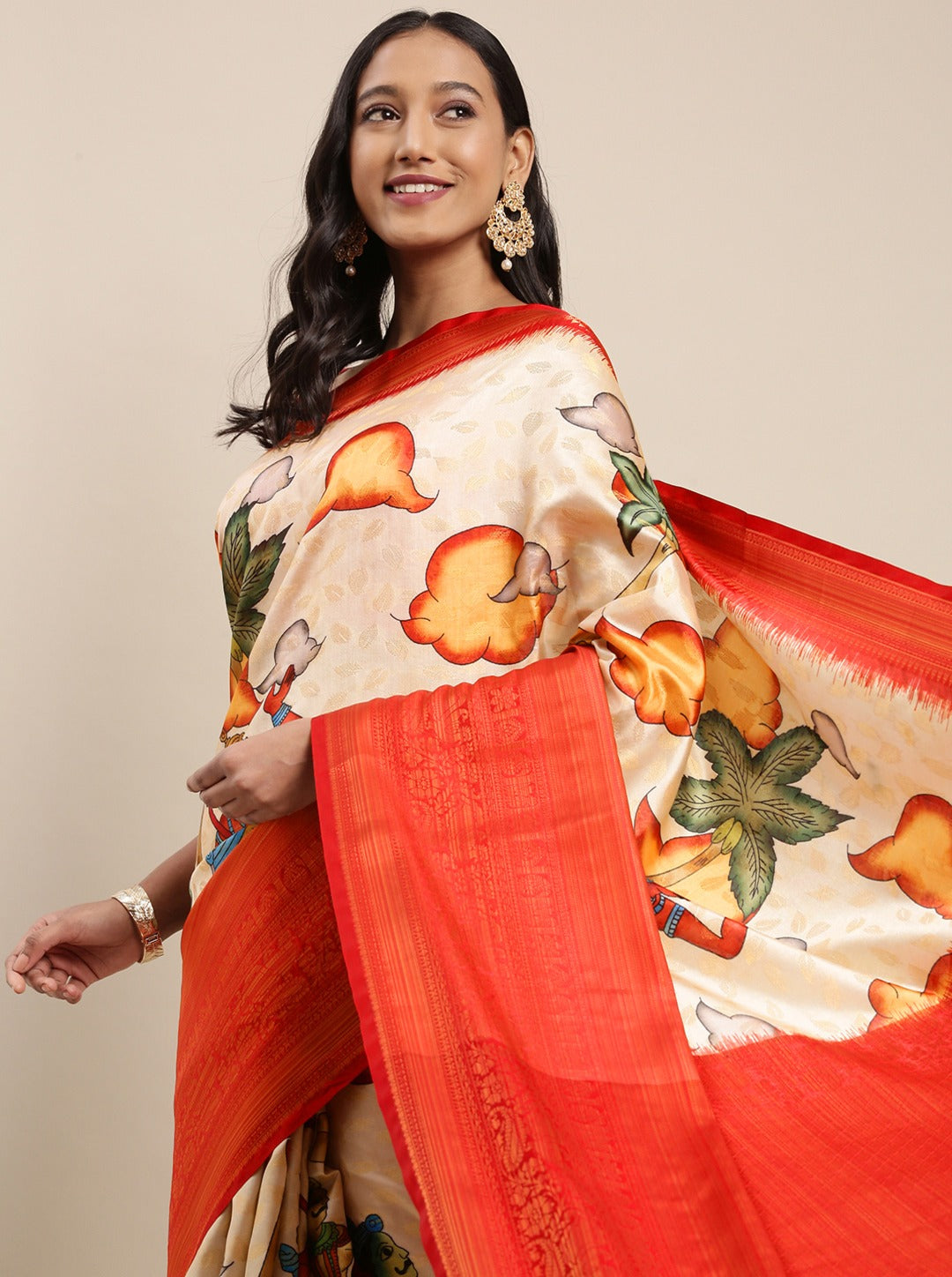 Pretty Beige Kalamkari Printed Saree With Amazing Blouse Piece