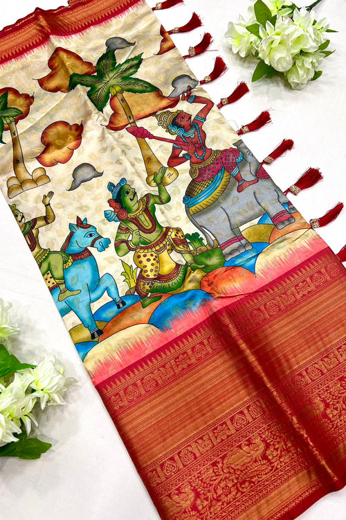 Load image into Gallery viewer, Pretty Beige Kalamkari Printed Saree With Amazing Blouse Piece
