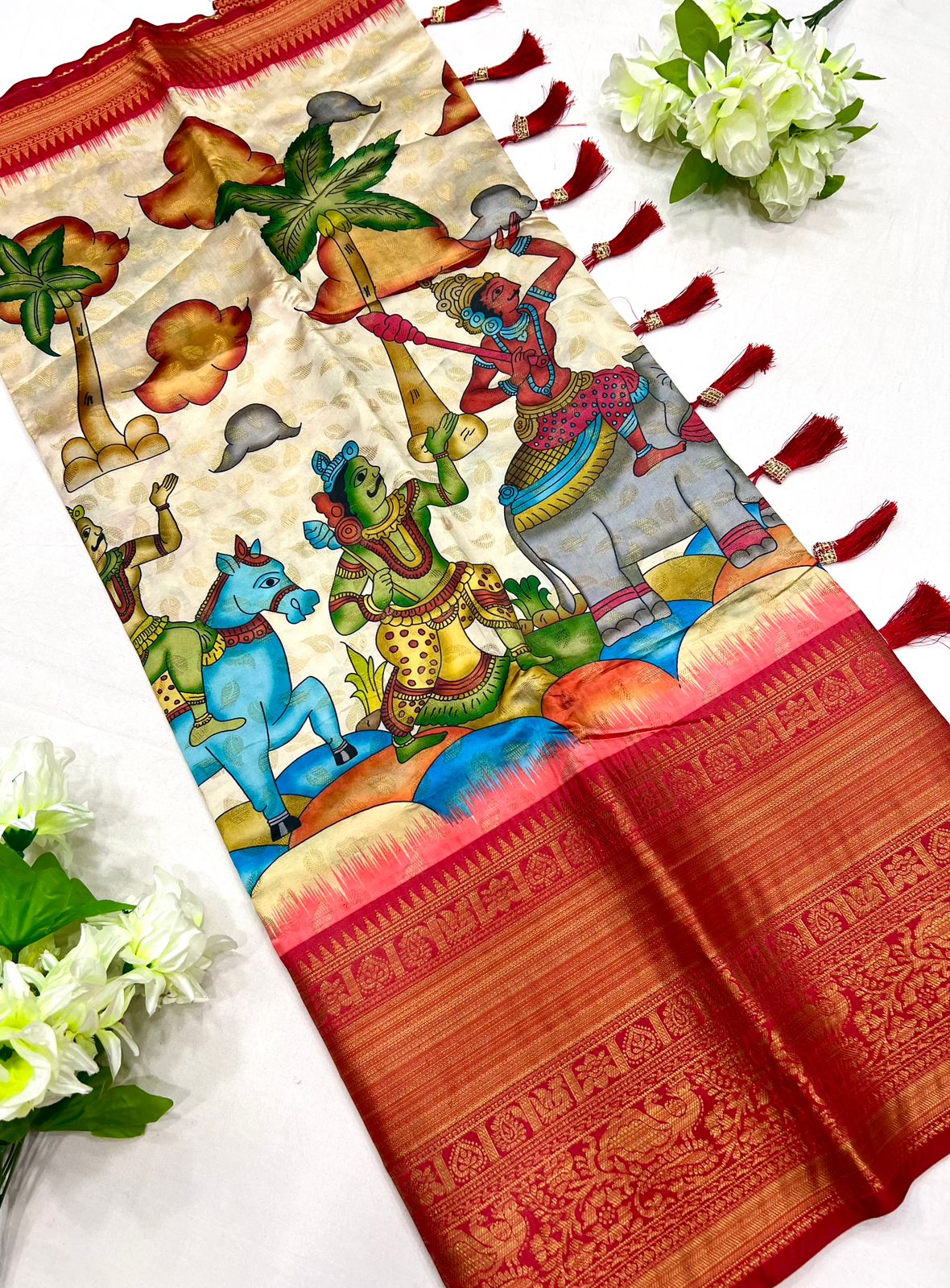 Pretty Beige Kalamkari Printed Saree With Amazing Blouse Piece