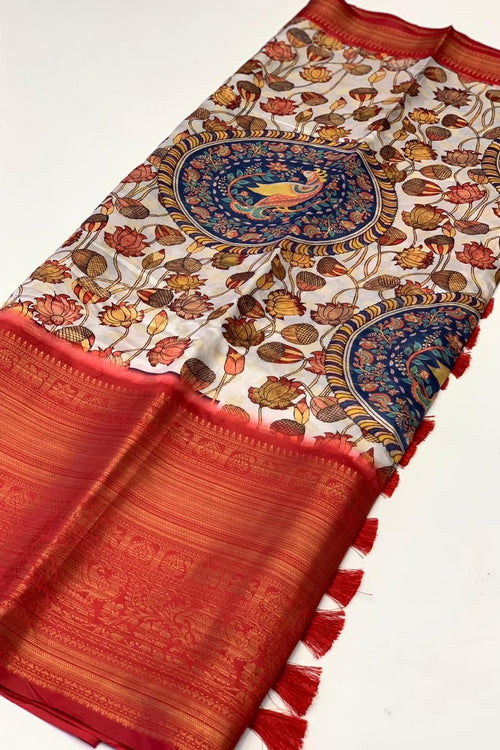 Load image into Gallery viewer, Charming Beige Kalamkari Printed Saree With Stylish Blouse Piece
