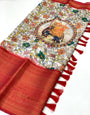Ethnic Beige Kalamkari Printed Saree With Pleasant Blouse Piece