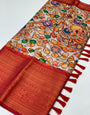 Ideal Beige Kalamkari Printed Saree With Ailurophile Blouse Piece