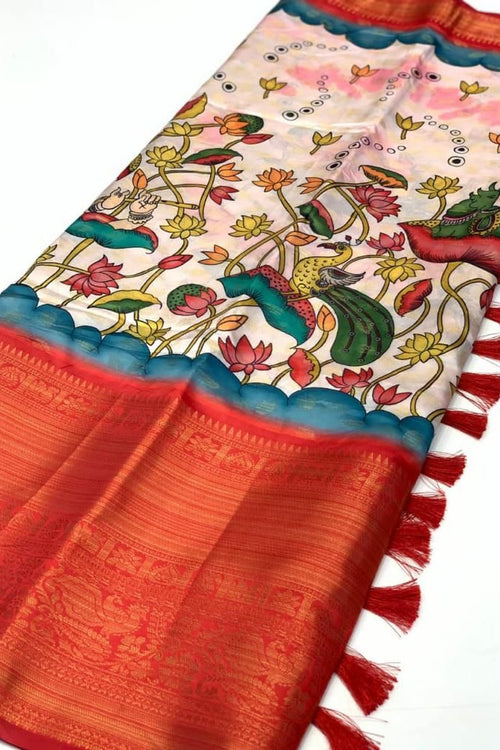 Load image into Gallery viewer, Demanding Baby Pink Kalamkari Printed Saree With Designer Blouse Piece
