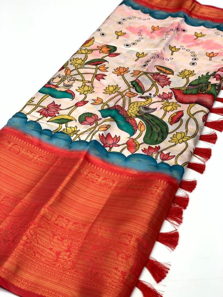 Demanding Baby Pink Kalamkari Printed Saree With Designer Blouse Piece