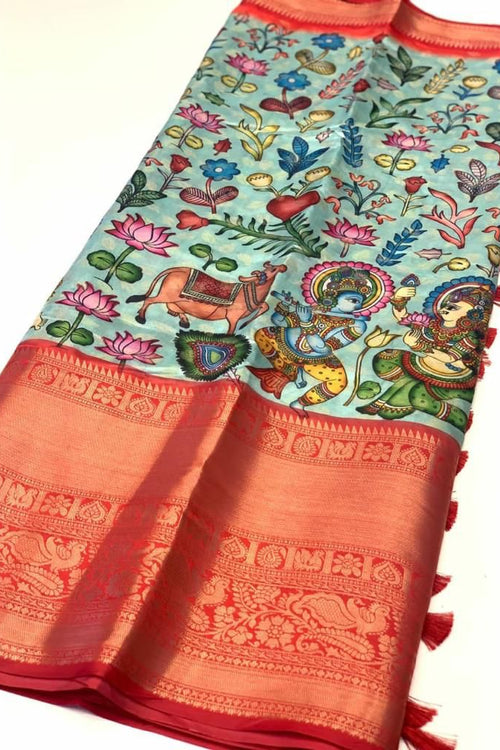 Load image into Gallery viewer, Wonderful Firozi Kalamkari Printed Saree With Deserving Blouse Piece
