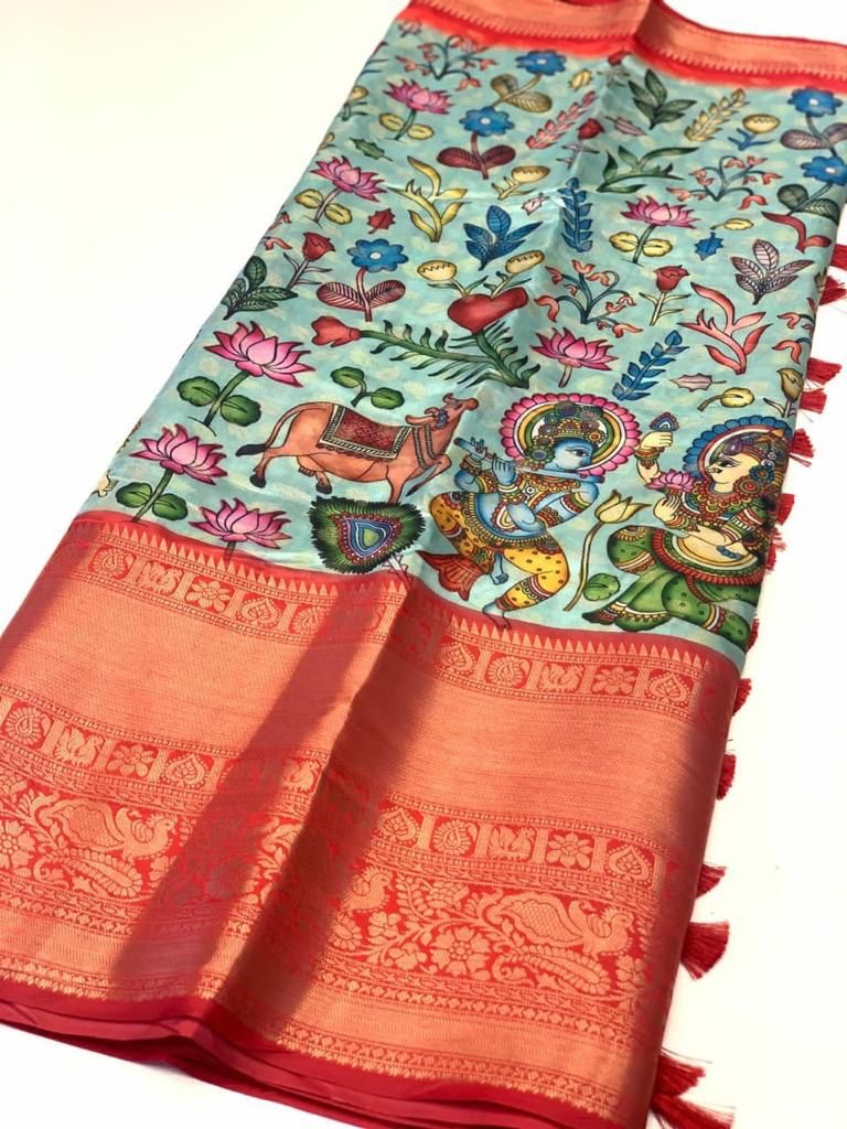 Wonderful Firozi Kalamkari Printed Saree With Deserving Blouse Piece