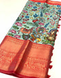 Wonderful Firozi Kalamkari Printed Saree With Deserving Blouse Piece