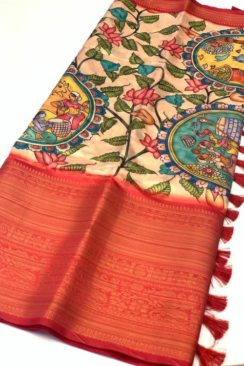 Load image into Gallery viewer, Groovy Peach Kalamkari Printed Saree With Fancifull Blouse Piece
