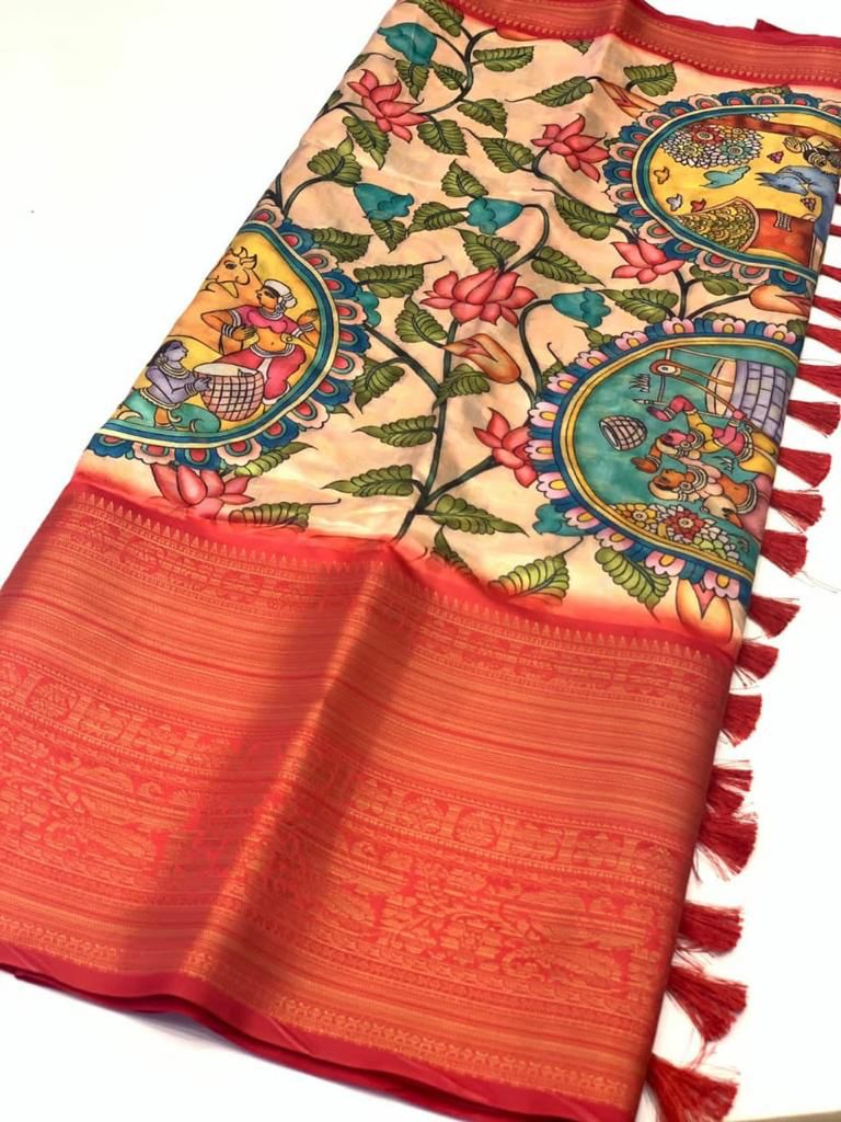 Groovy Peach Kalamkari Printed Saree With Fancifull Blouse Piece