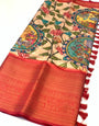 Groovy Peach Kalamkari Printed Saree With Fancifull Blouse Piece