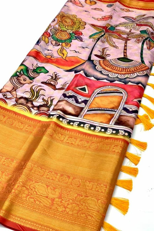 Load image into Gallery viewer, Ravishing Pink Kalamkari Printed Saree With Exceptional Blouse Piece
