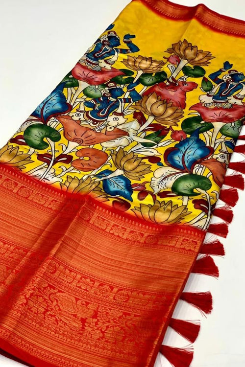 Load image into Gallery viewer, Appealing Yellow Kalamkari Printed Saree With Hypnotic Blouse Piece
