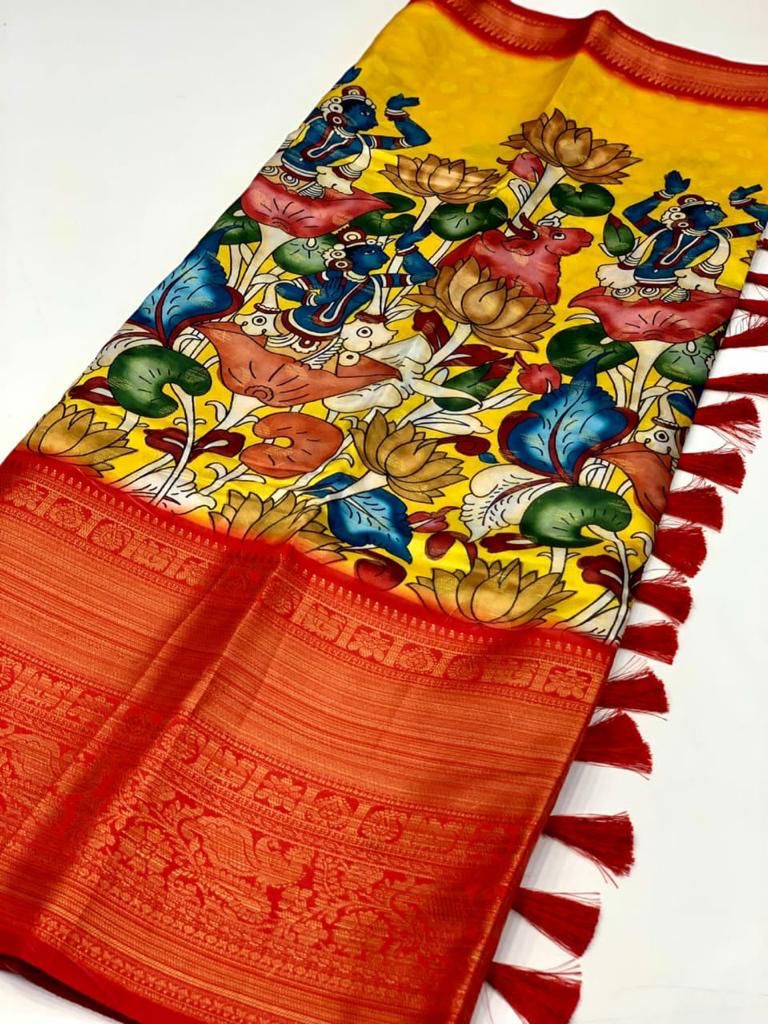 Appealing Yellow Kalamkari Printed Saree With Hypnotic Blouse Piece