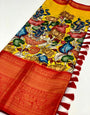 Appealing Yellow Kalamkari Printed Saree With Hypnotic Blouse Piece