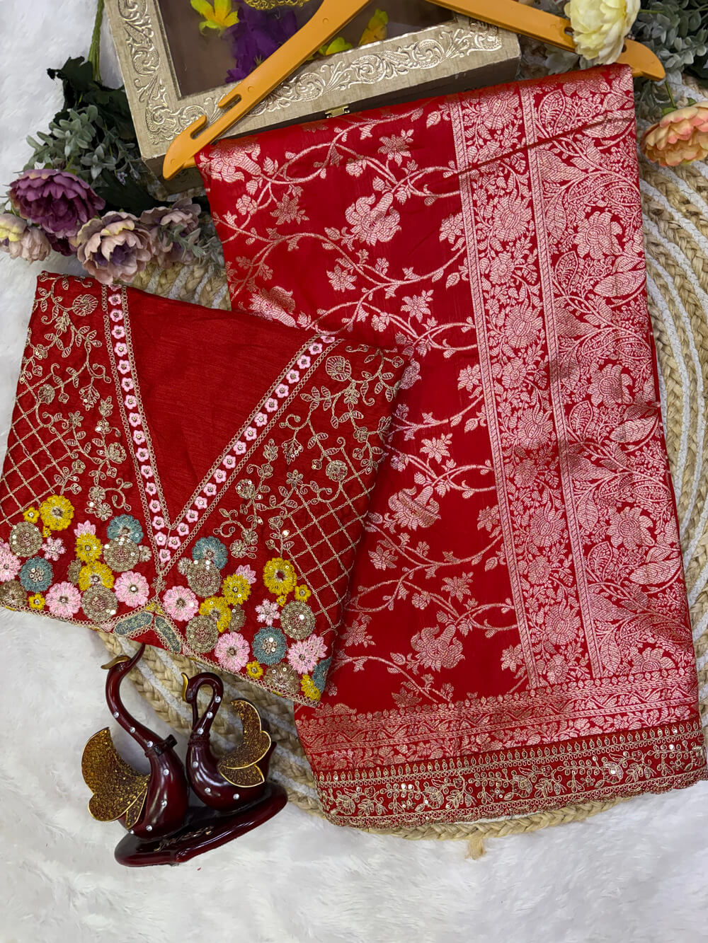 Desiring Red Embroidery Work Soft Silk Saree With Designer Blouse Piece