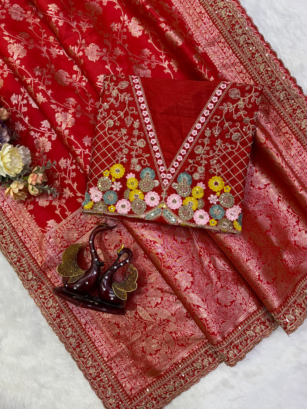 Desiring Red Embroidery Work Soft Silk Saree With Designer Blouse Piece