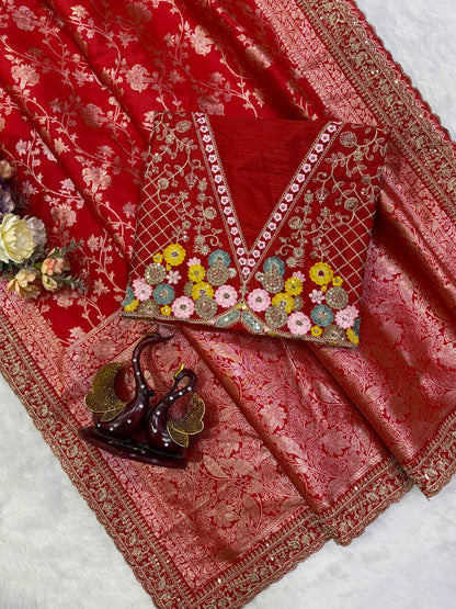 Desiring Red Embroidery Work Soft Silk Saree With Designer Blouse Piece