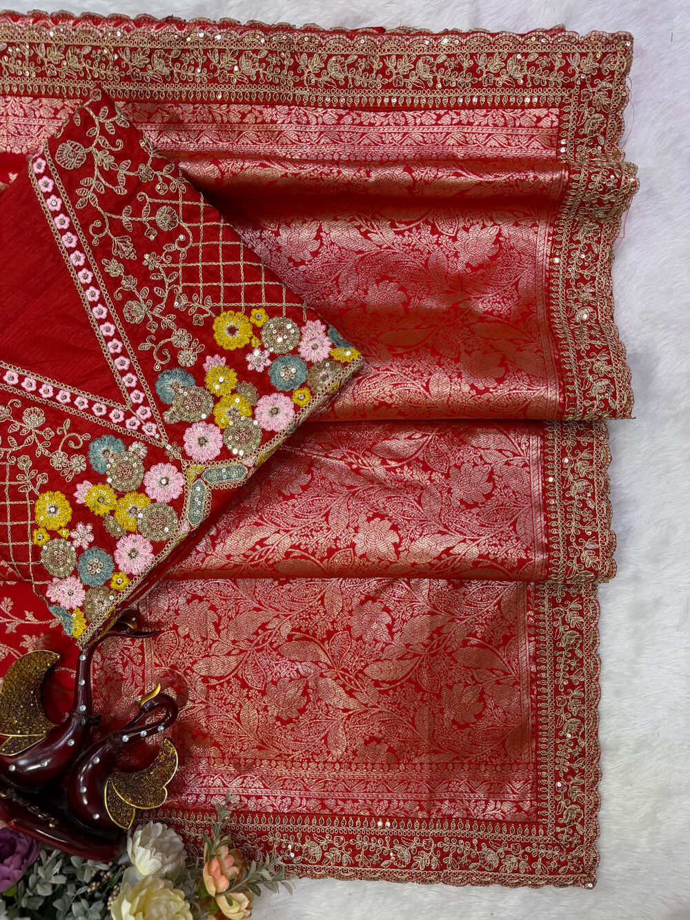 Desiring Red Embroidery Work Soft Silk Saree With Designer Blouse Piece