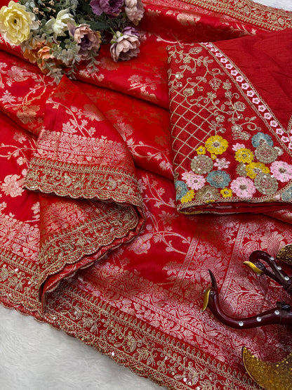 Desiring Red Embroidery Work Soft Silk Saree With Designer Blouse Piece