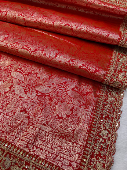 Desiring Red Embroidery Work Soft Silk Saree With Designer Blouse Piece