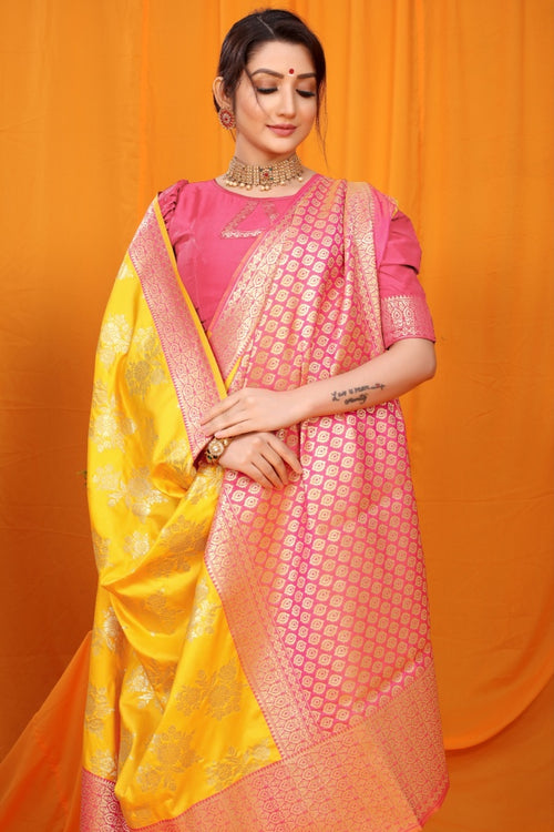 Load image into Gallery viewer, Snappy Yellow Kanjivaram Silk With Alluring Blouse Piece
