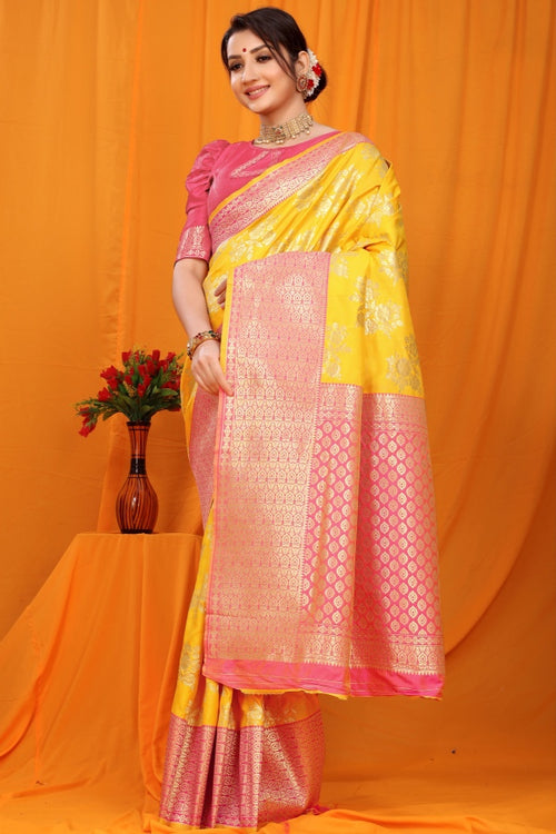 Load image into Gallery viewer, Snappy Yellow Kanjivaram Silk With Alluring Blouse Piece
