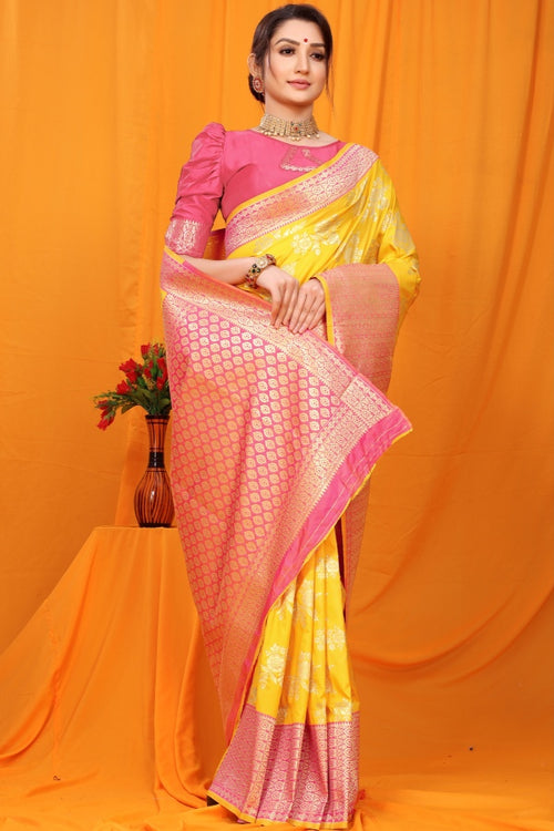 Load image into Gallery viewer, Snappy Yellow Kanjivaram Silk With Alluring Blouse Piece
