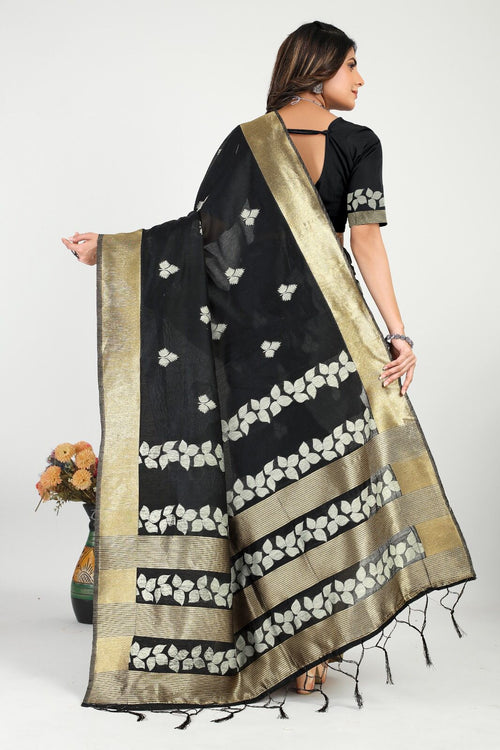 Load image into Gallery viewer, Engrossing Black Cotton Silk Saree With Breathtaking Blouse Piece
