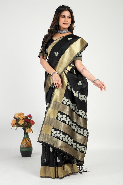 Load image into Gallery viewer, Engrossing Black Cotton Silk Saree With Breathtaking Blouse Piece
