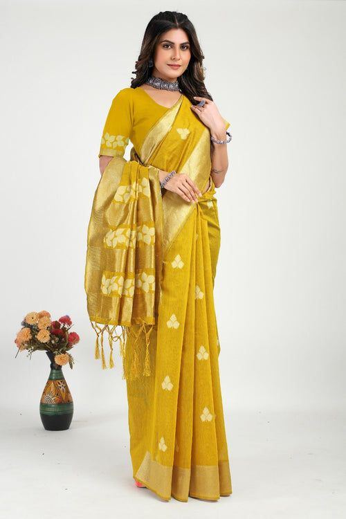 Load image into Gallery viewer, Desirable Yellow Cotton Silk Saree With Twirling Blouse Piece
