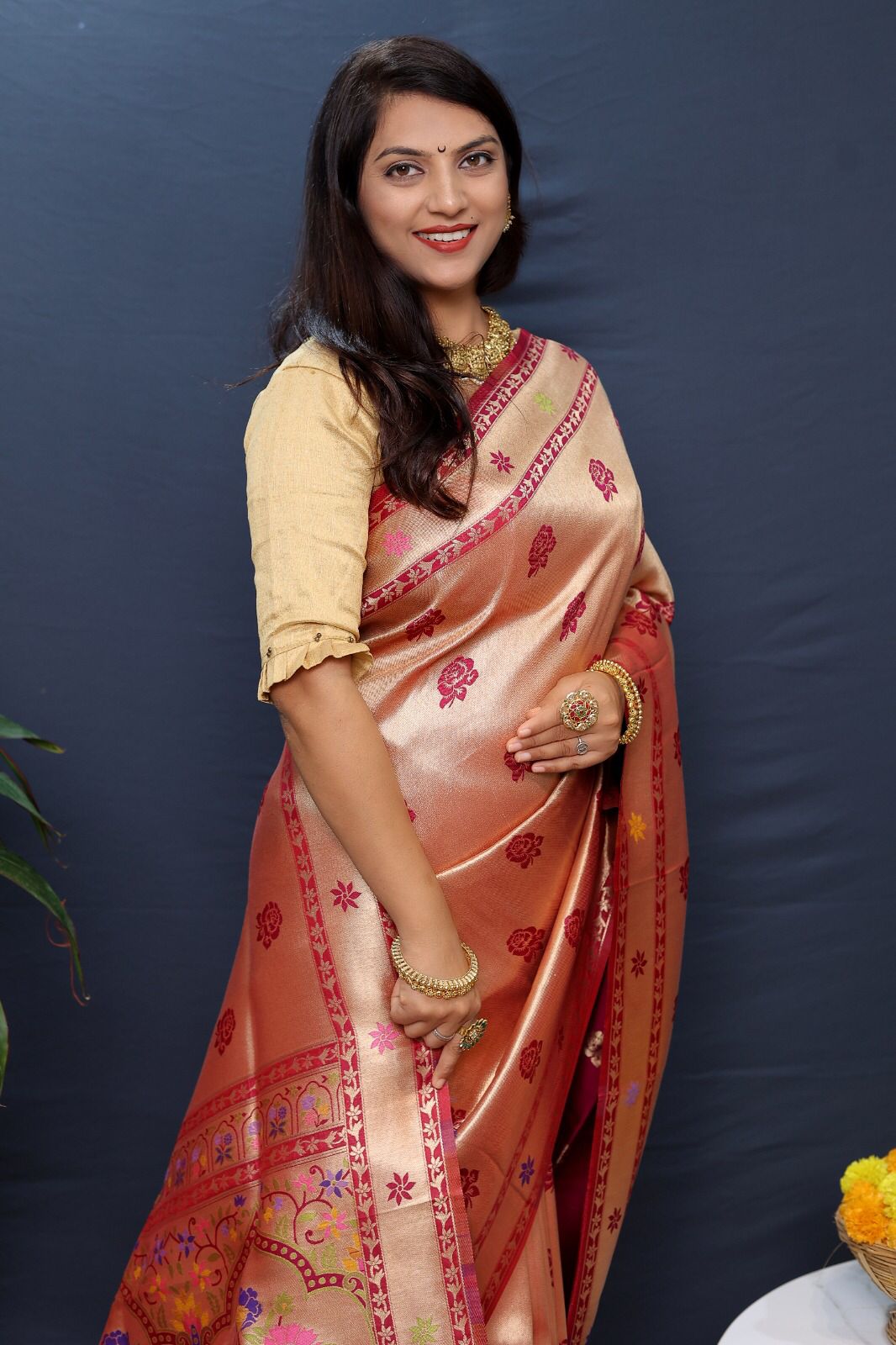 Surreptitious Dark Pink Paithani Silk Saree With Whimsical Blouse Piece