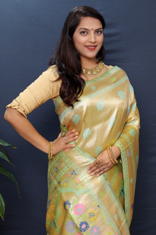 Load image into Gallery viewer, Desuetude Pista Paithani Silk Saree With Lustrous Blouse Piece
