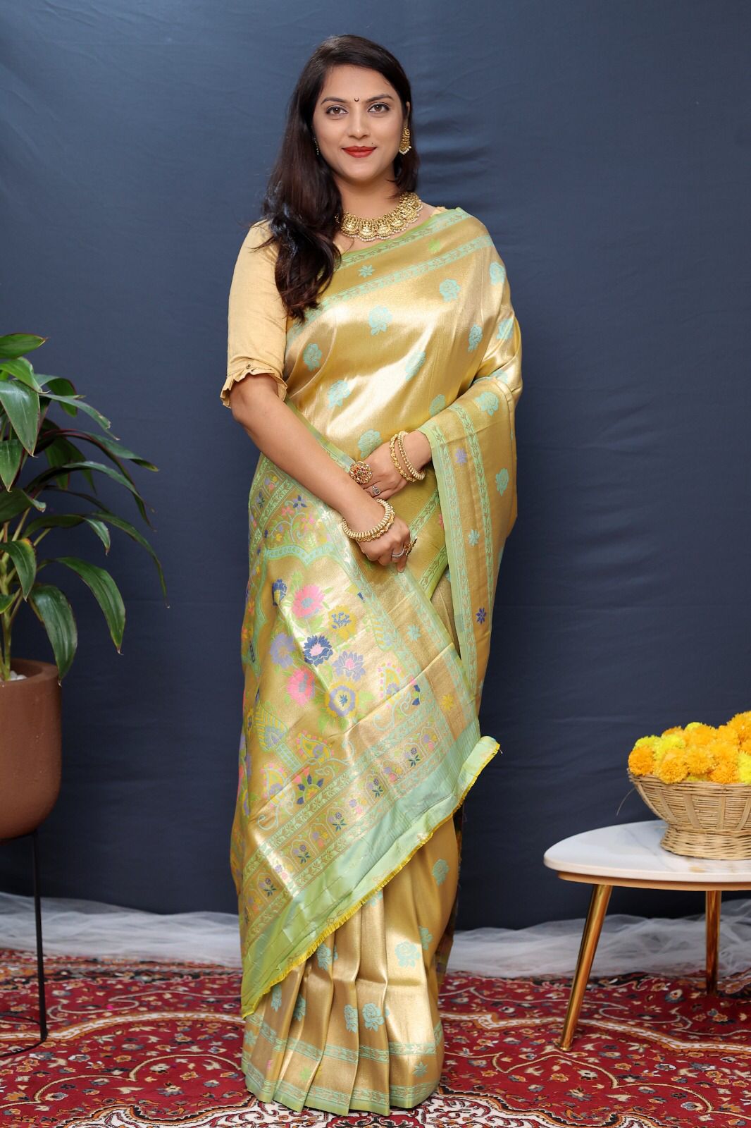 Desuetude Pista Paithani Silk Saree With Lustrous Blouse Piece