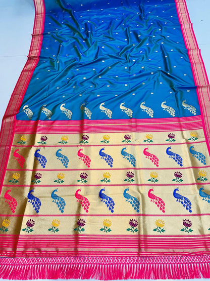 Ephemeral Blue Paithani Silk Saree With Tantalizing Blouse Piece