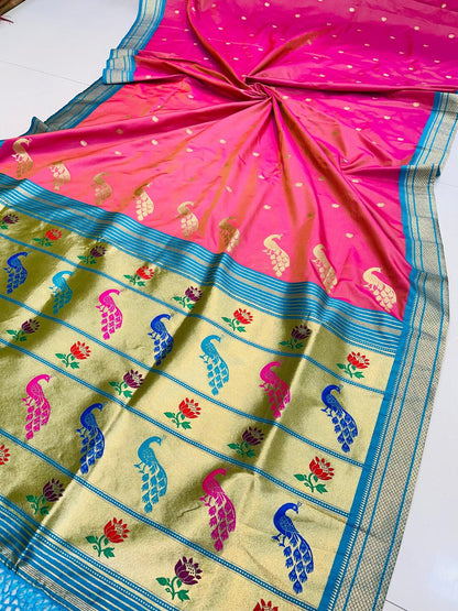 Intricate Dark Pink Paithani Silk Saree With Artistic Blouse Piece