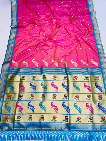 Intricate Dark Pink Paithani Silk Saree With Artistic Blouse Piece