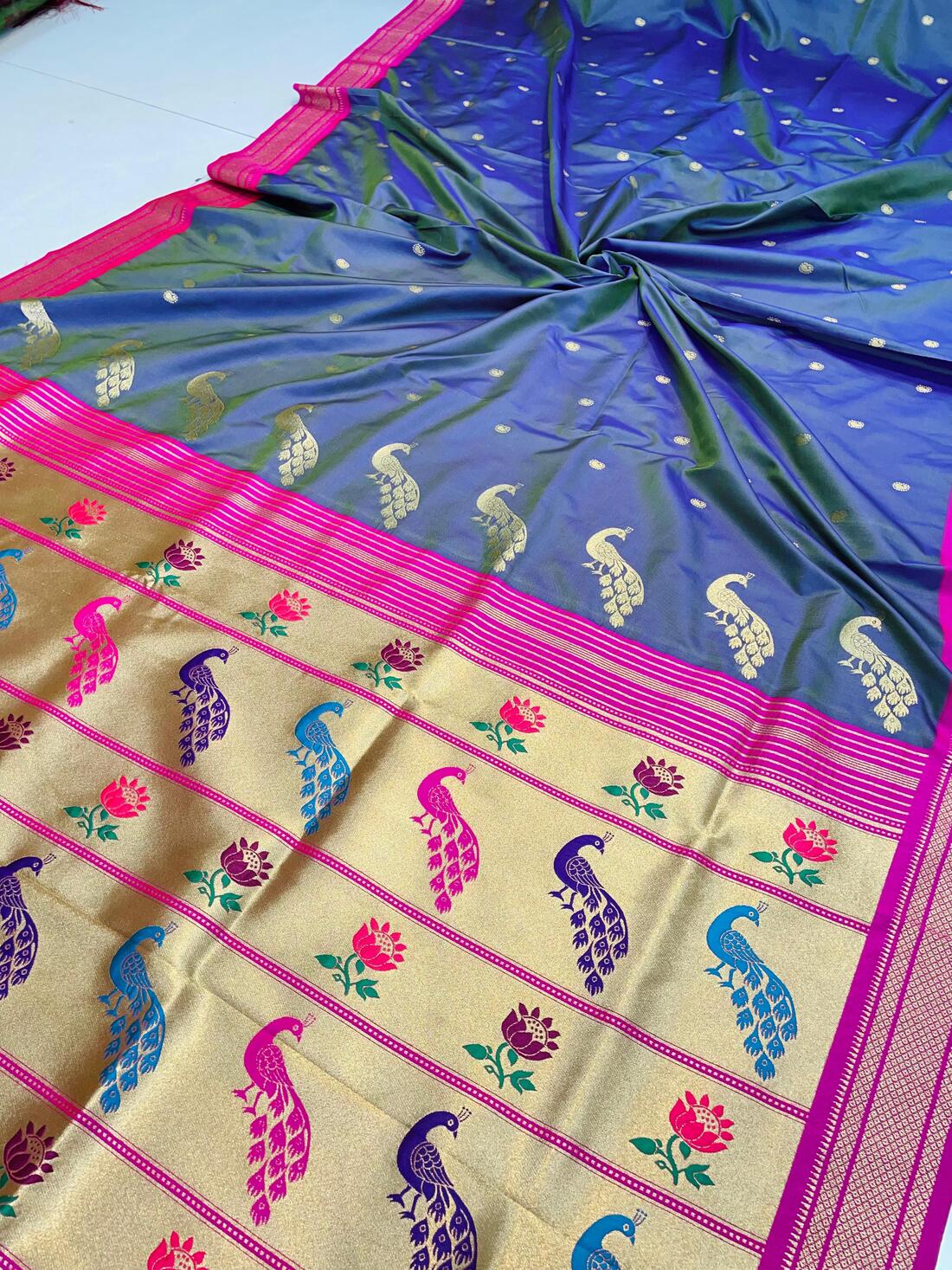 Refreshing Navy Blue Paithani Silk Saree With Bucolic Blouse Piece