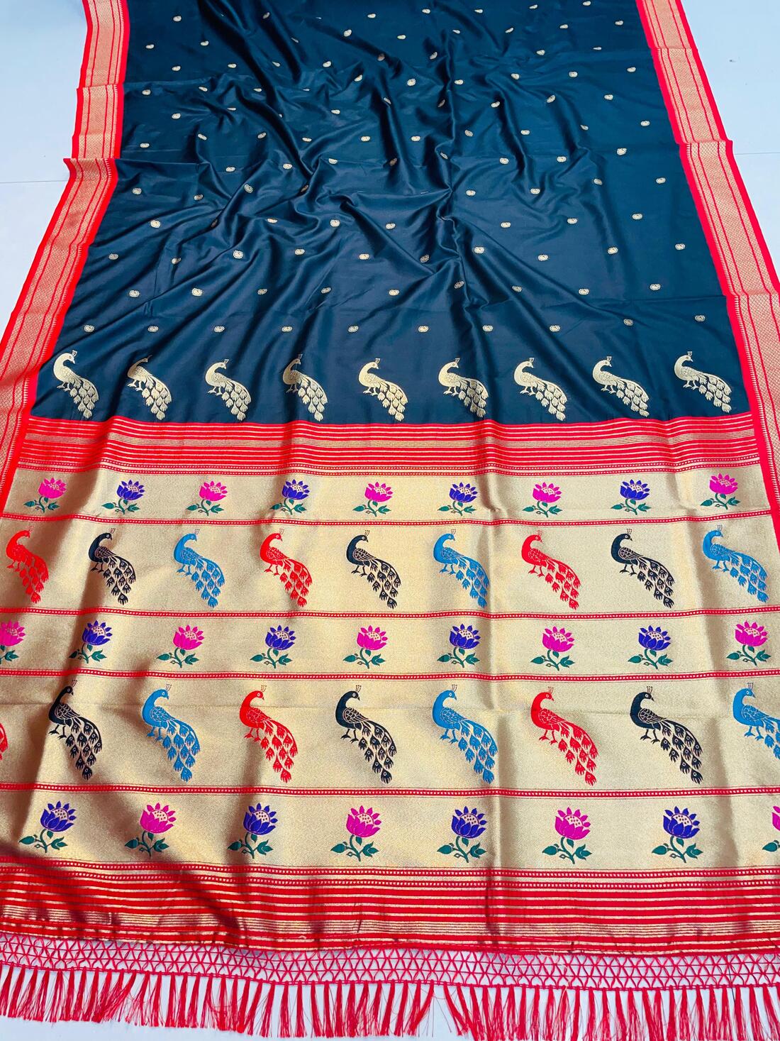 Fragrant Teal Blue Paithani Silk Saree With Chatoyant Blouse Piece