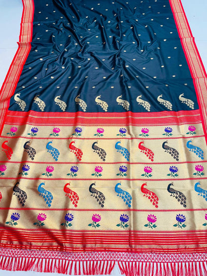 Fragrant Teal Blue Paithani Silk Saree With Chatoyant Blouse Piece