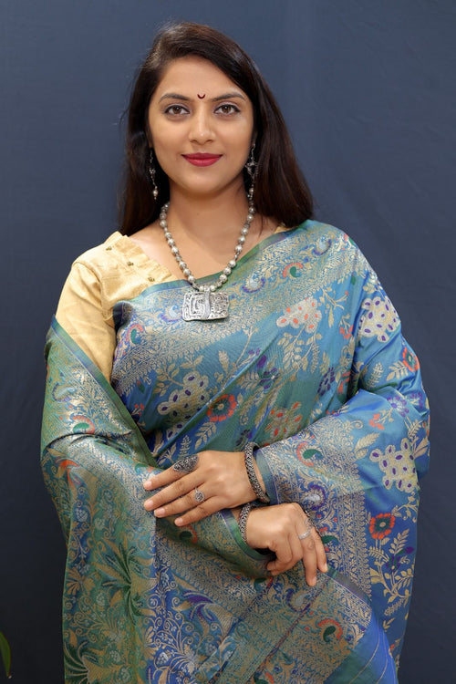 Load image into Gallery viewer, Beauteous Blue Soft Banarasi Silk Saree With Efflorescence Blouse Piece
