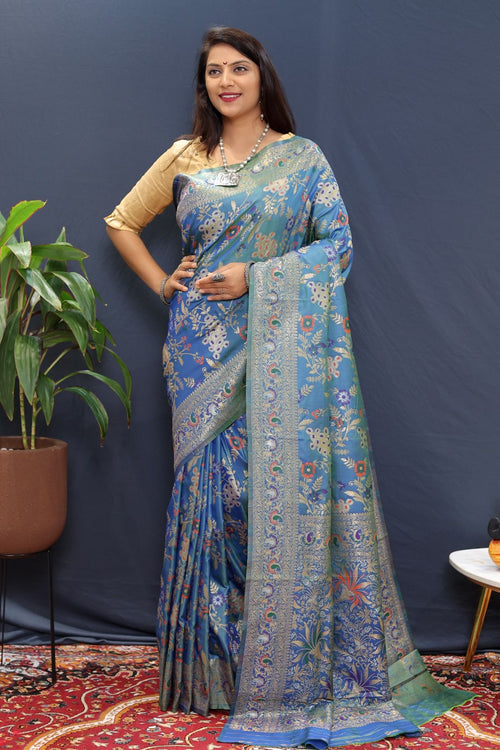 Load image into Gallery viewer, Beauteous Blue Soft Banarasi Silk Saree With Efflorescence Blouse Piece
