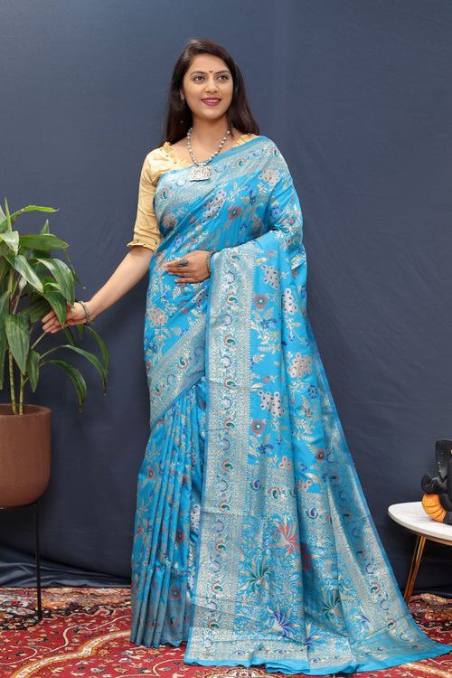 Load image into Gallery viewer, Efflorescence Firozi Soft Banarasi Silk Saree With Chatoyant Blouse Piece
