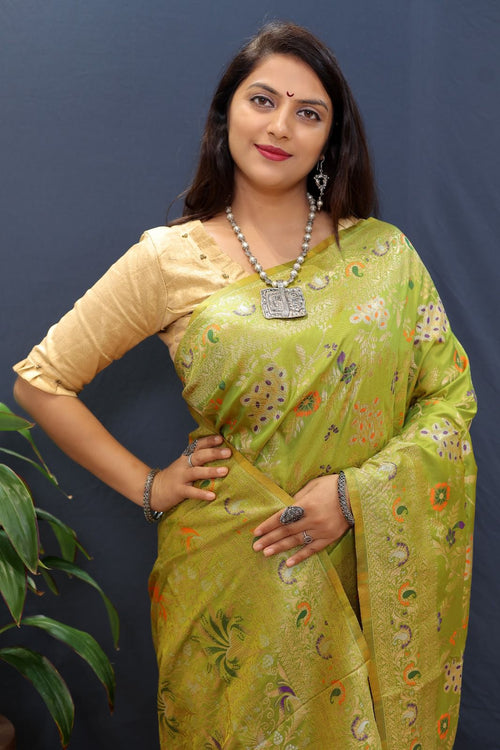 Load image into Gallery viewer, Elision Mehndi Soft Banarasi Silk Saree With Evanescent Blouse Piece
