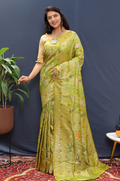 Load image into Gallery viewer, Elision Mehndi Soft Banarasi Silk Saree With Evanescent Blouse Piece
