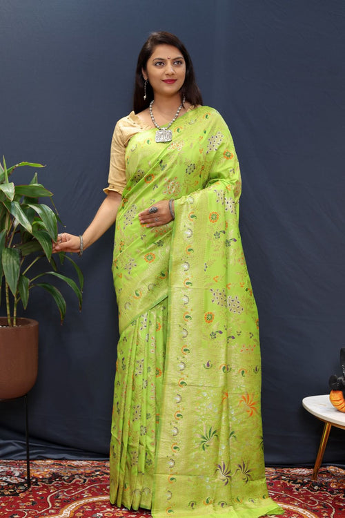 Load image into Gallery viewer, Moiety Parrot Soft Banarasi Silk Saree With Petrichor Blouse Piece
