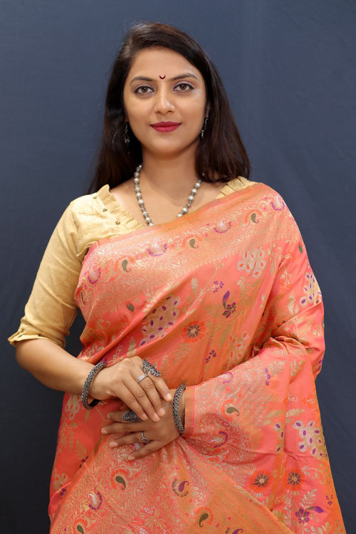 Load image into Gallery viewer, Ratatouille Peach Soft Banarasi Silk Saree With Sempiternal Blouse Piece
